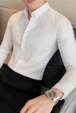 春装新款男条纹衬衫长袖高级免烫衬衣修身商务寸衫白色C2039-P63，男装衬衫，电商A213