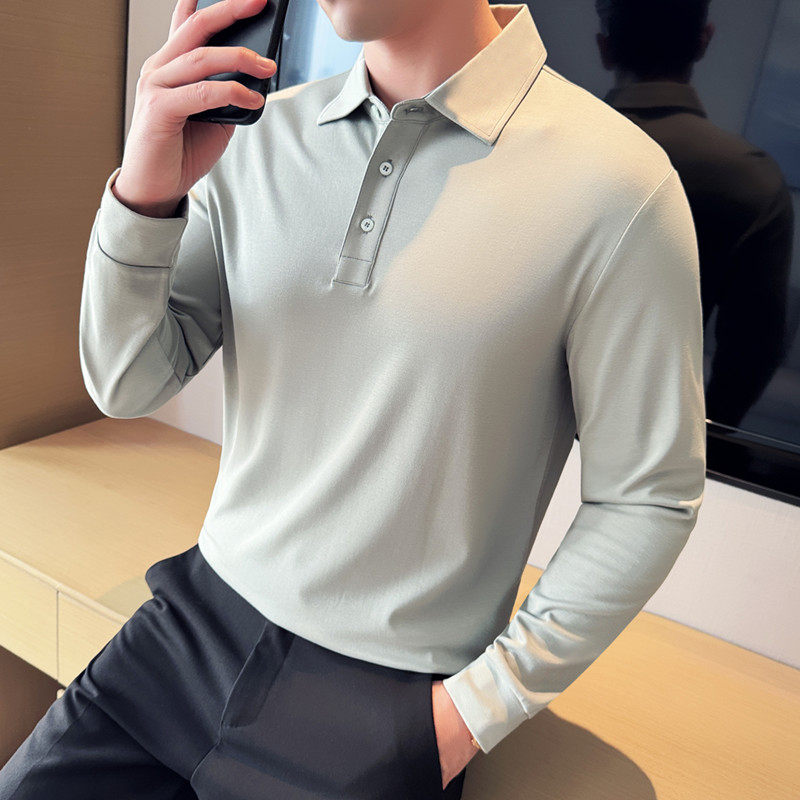 高品质翻领长袖T恤男弹力高级感带领Polo衫淡灰绿T6803-P58，男装T恤，电商A213