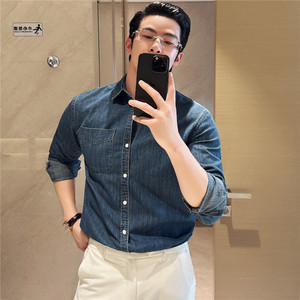 纯棉水洗带口袋牛仔衬衫~复古休闲深蓝色长袖衬衣外套男C3307-P78图片