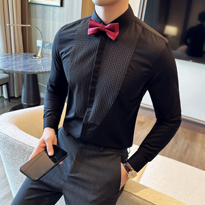 塔士多礼服衬衫新郎结婚长袖衬衫男拼接设计感衬衣白色C6642-P73图片