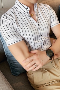 薄款男条纹短袖衬衫微弹垂感韩版英伦修身弹力衬衫白色DC36-P53图片