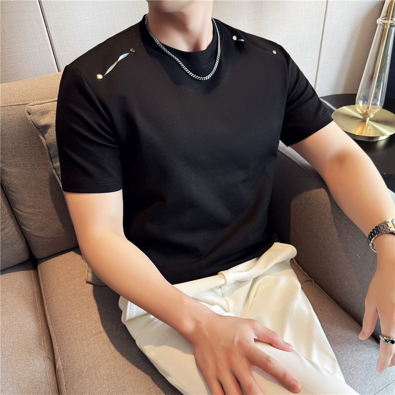 夏季亲肤凉感短袖T恤肩部拼接装饰设计感圆领时尚男白色T7539-P47，男装T恤，电商A213