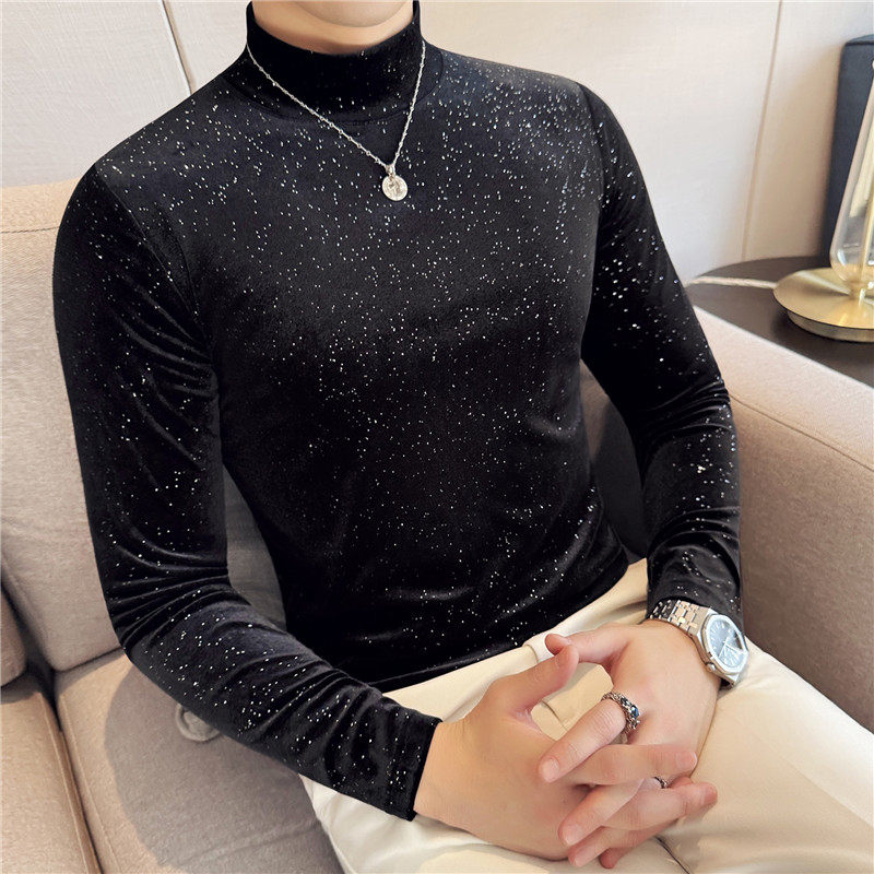 金丝绒满天星长袖T恤男秋冬高级感弹力半高领打底衫修身CT091-P43图片