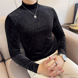 时尚金丝绒满天星长袖T恤男高级感弹力半高领打底衫修身CT091-P43，男装T恤，电商A213