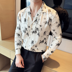个性褶皱面料柔顺垂感长袖衬衫古巴领花衬衣男大翻领C2632-P58图片