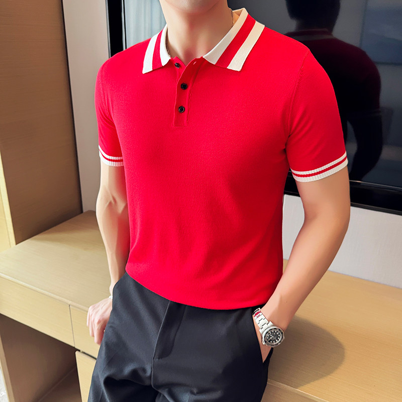 夏季冰丝薄款撞色针织短袖Polo衫男拼色翻领T恤红色PL2371-P47图片