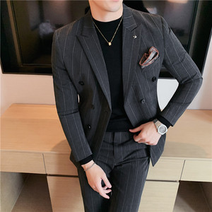 宽条纹西装双排扣西服套装男商务礼服两件套修身深灰LJT306/P230图片