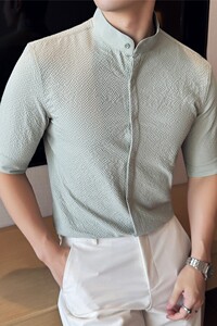 新中式立领衬衫男中袖冰丝薄款弹力泡泡纱垂感圆领衬衣ZC932-P53图片
