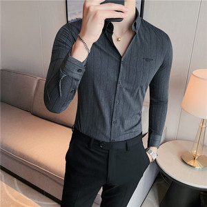 2025秋装新款男刺绣条纹衬衫修身潮男商务长袖衬衫灰色C2033/P65图片