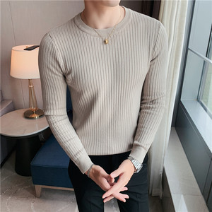 袖子暗条纹圆领毛衣男士纯色套头毛衣修身针织衫灰绿M1550-P53图片
