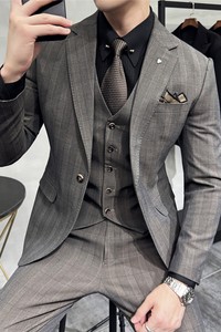 高级感色织格纹西服新郎结婚礼服格子西装三件套灰色SJT8033-P285图片