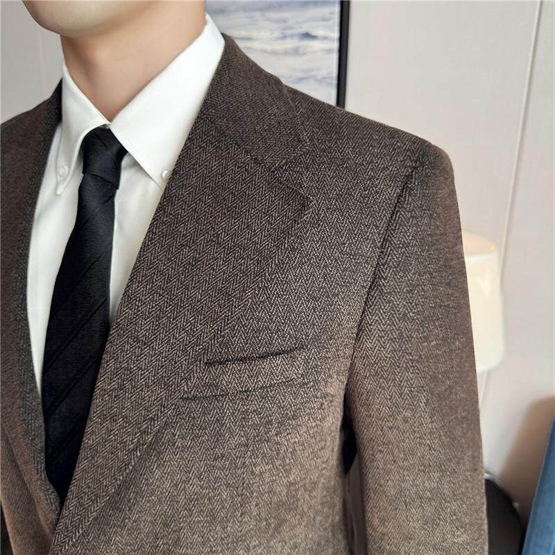 秋冬高级感加厚人字纹毛呢西服外套休闲西装咖啡色DX8825-P155,男装西服,电商A213