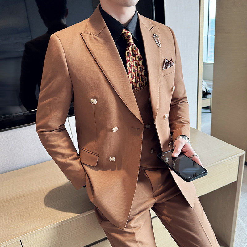 新增绿色~高级感戗驳领条纹新郎结婚礼服西装三件套SJT8025-P270,男装西服,电商A213