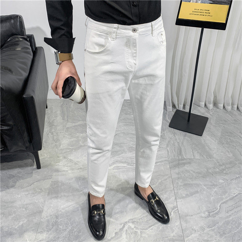高品质百搭牛仔裤男士弹力纯棉牛仔九分裤纯色长裤白色NK830-P73图片