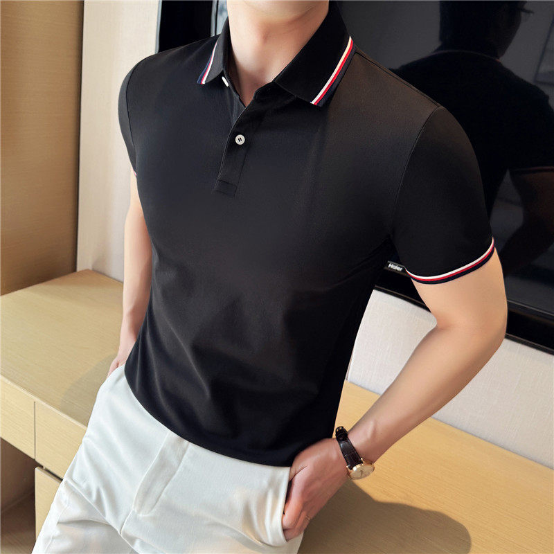 新疆长绒棉液氨科技~织带撞色polo衫男士短袖t恤黑色PL2261-P57,男装Polo衫,电商A213