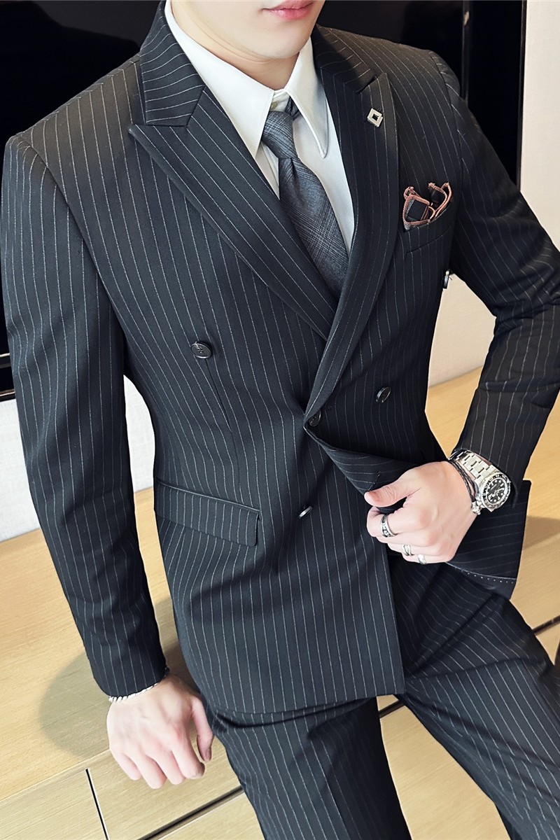 新郎西服套装条纹双排扣西装三件套男休闲结婚礼服SJT6831-P275,男装西服套装,电商A213