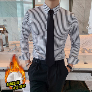 冬季加厚加絨條紋襯衫男士長(zhǎng)袖條子襯衫西裝打底修身白色JR17-P60圖片