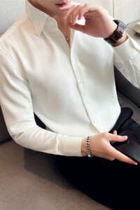 长期做~质感帅气高级感华夫格长袖衬衫男垂感衬衣白色CXT2-P58图片