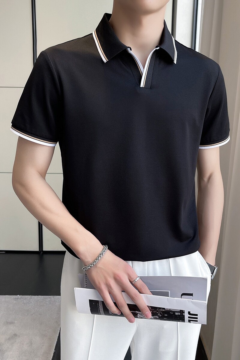 轻熟风~V领拼色翻领T恤男士短袖POLO衫黑色PL05-P55,男装T恤,电商A213