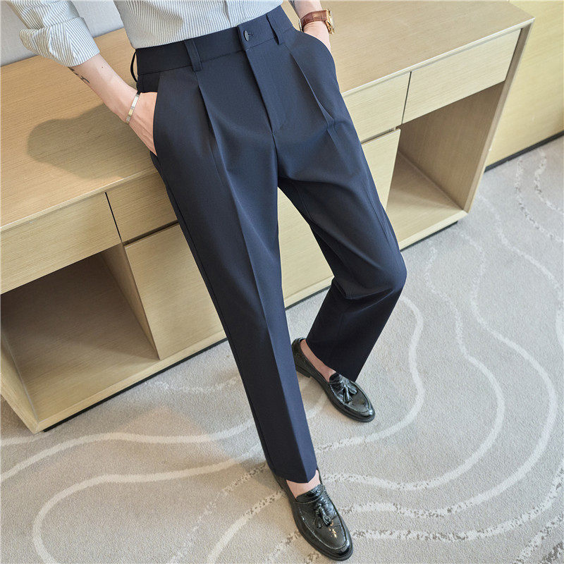 高品质薄款半松紧腰小直筒坠感休闲西裤男长裤藏青色XK8830-P67，男装西裤，电商A213