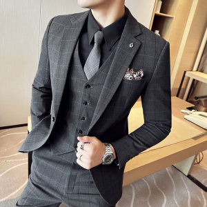 高品质色织布料西服套装男士格子西装三件套男绿色SJT8022-P275图片