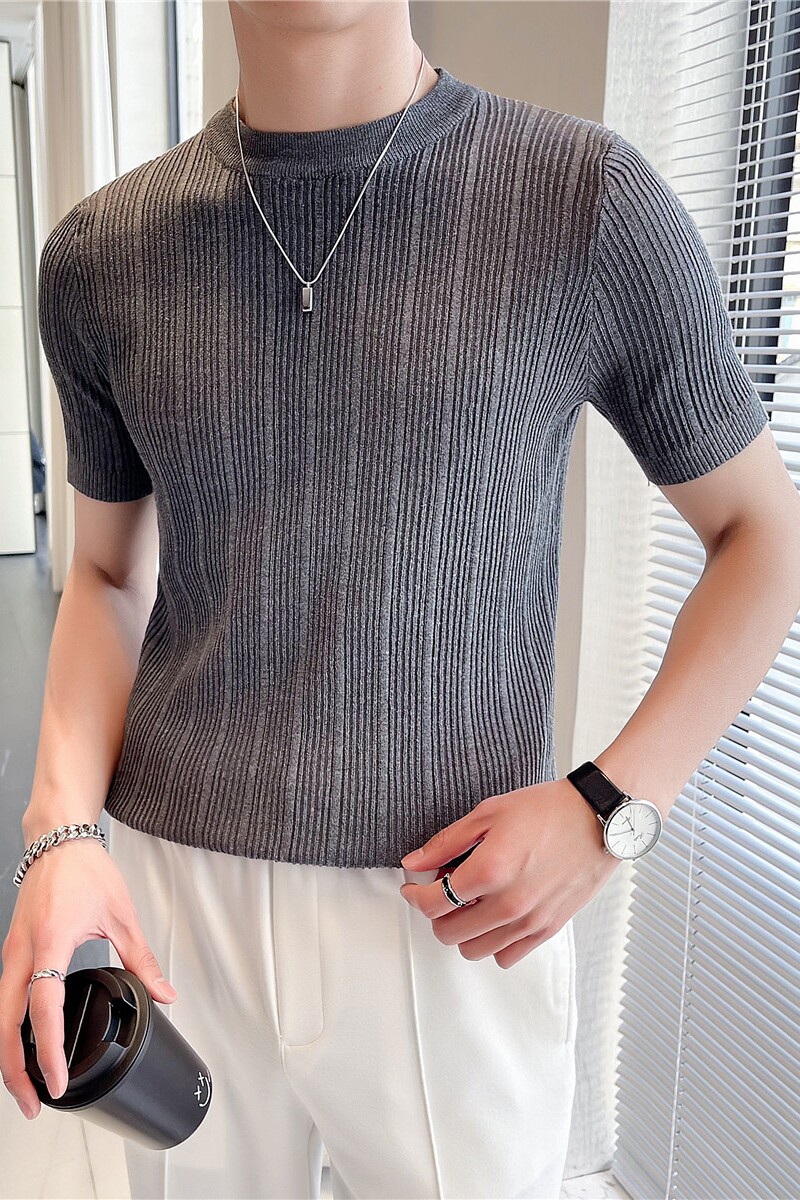 轻熟风~圆领短袖毛衣修身半袖条纹针织衫弹力T恤打底衫MY03-P45,男装T恤,电商A213
