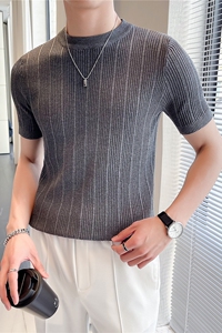 轻熟风~圆领短袖毛衣修身半袖条纹针织衫弹力T恤打底衫MY03-P45图片