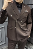 高级感色织西服戗驳领双排扣条纹西装三件套男咖啡色SJT8020-P275，男装西服套装，电商A213