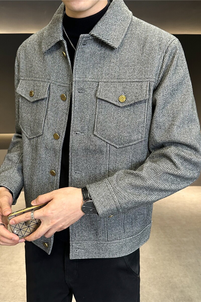 冬季千鸟格毛呢夹克男修身翻领短款格子外套灰色JK7012-P145,男装夹克,电商A213