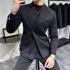 双排扣戗驳领男士毛呢休闲西服外套妮子加厚单西黑色DX8809-P155图片