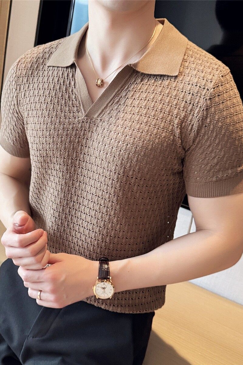 夏季满足你要的清凉~镂空针织短袖T恤V领Polo衫杏色PL8203-P58图片