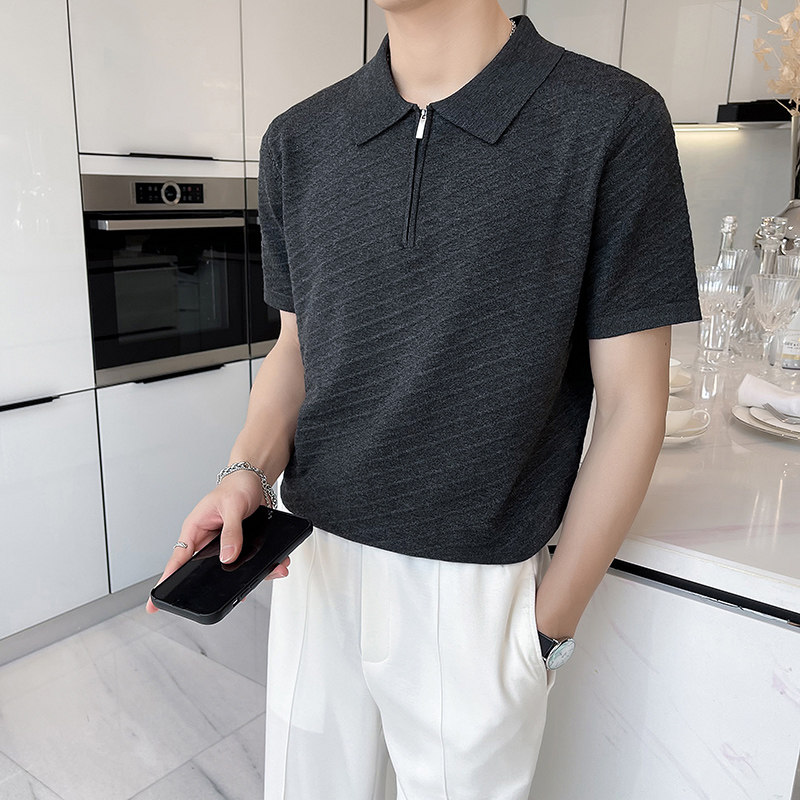 时尚斜条纹针织翻领短袖男T恤修身半拉链Polo衫男PL9761-P47,男装Polo衫,电商A213