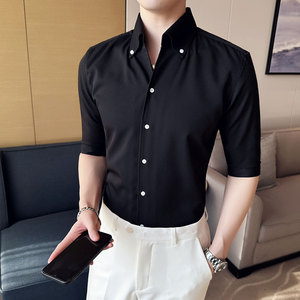 夏季性感V领衬衫男中袖帅气修身休闲立领痞帅五分袖衬衣C2301-P58图片