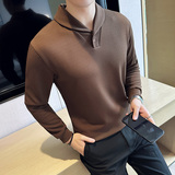 加厚泡泡纱面料古巴领长袖Polo衫男V领青果领卫衣打底衫W2808-P68，男装T恤，电商A213