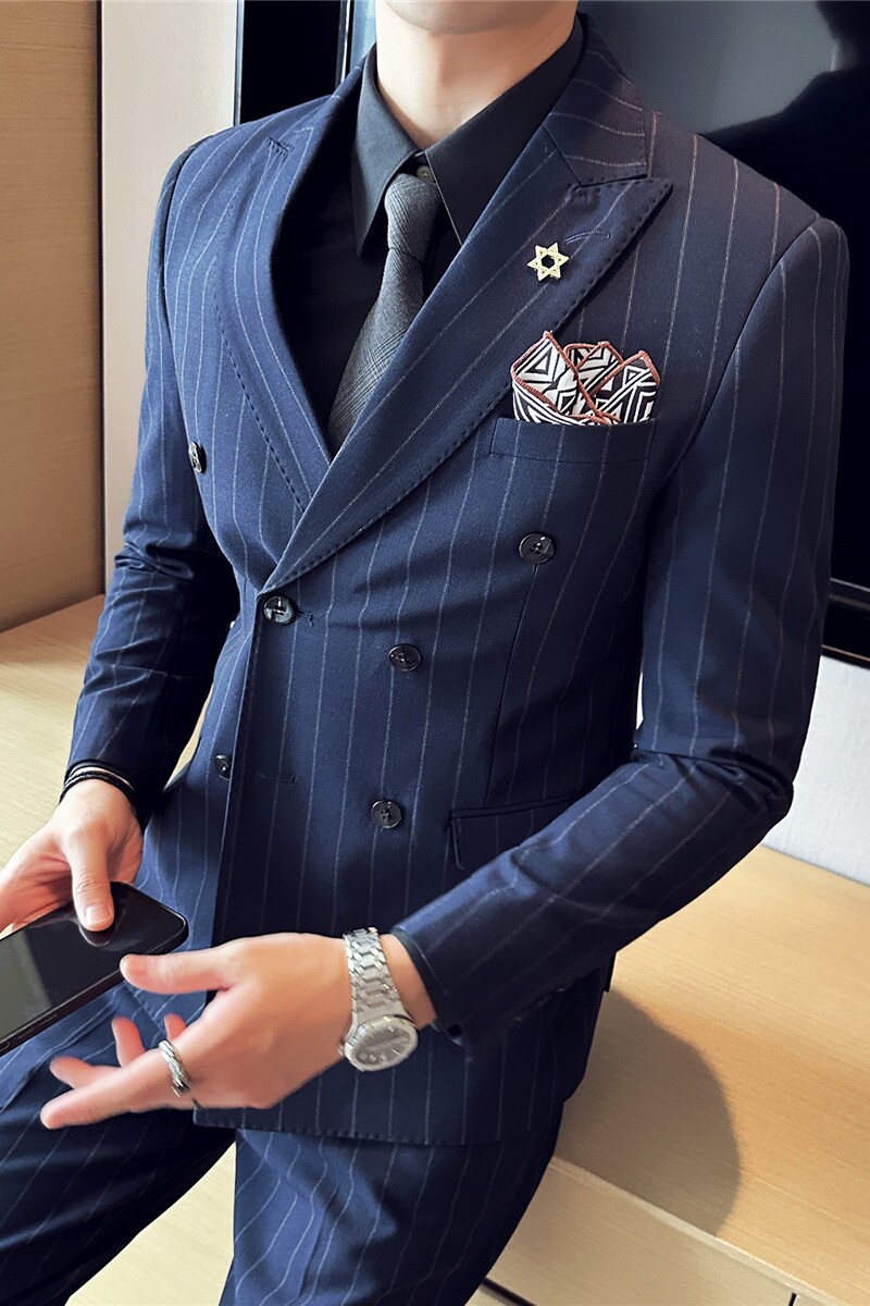 新郎西服套装条纹双排扣戗驳领西装三件套男西服蓝色SJT8013-P275,男装西服套装,电商A213
