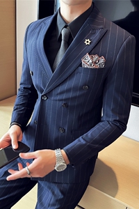 新郎西服套装条纹双排扣戗驳领西装三件套男西服蓝色SJT8013-P275图片