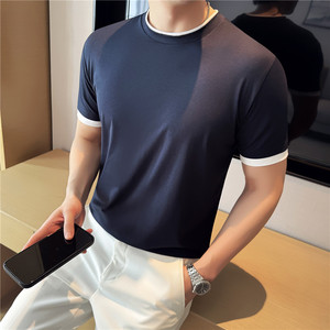 夏季薄款莫代尔棉高级感撞色拼接叠穿假两件T恤男藏青色TF110-P47图片