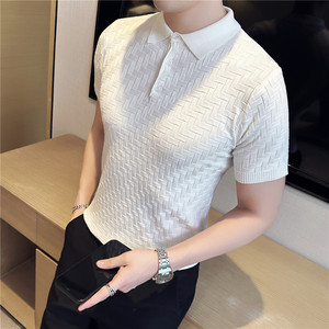 夏季冰丝薄款格纹针织翻领短袖男T恤修身Polo衫灰色PL97131-P63图片