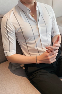 M-5XL高级感商务定位印花条纹衬衫男中袖衬衣ZC70-P63图片