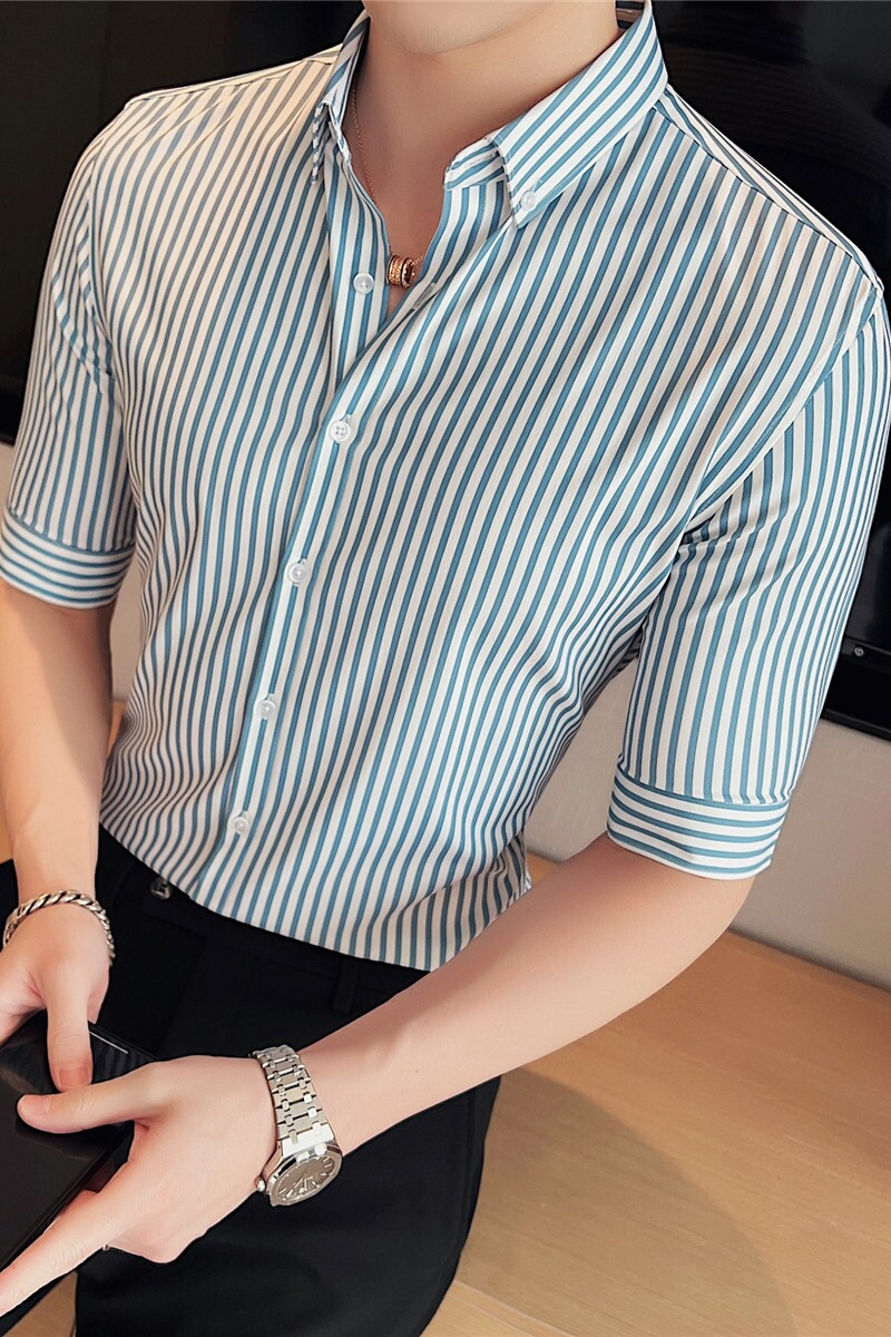 夏季高级感条纹中袖衬衫男修身商务免烫半袖五分袖衬衣C952-P63,男装T恤,电商A213