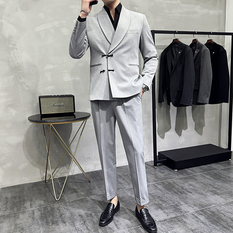 新中式休闲盘扣西服套装青果领宴会西装两件套男黑色LJT953-P243,男装西服套装,电商A213