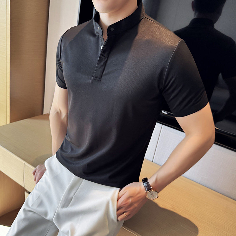 新中式垂感华夫格高级感polo衫立领刺绣短袖t恤咖啡色PL2319-P58，男装Polo衫，电商A213