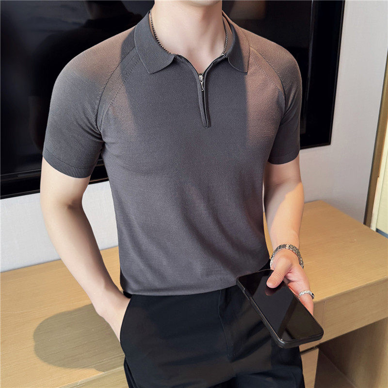 【天丝莱赛尔】高级感冰丝薄款半拉链针织短袖POLO衫灰色T30-P67,男装Polo衫,电商A213