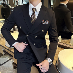 新增黑色~高品质西服戗驳领双排扣纯色西装三件套男SJT8016-P275图片