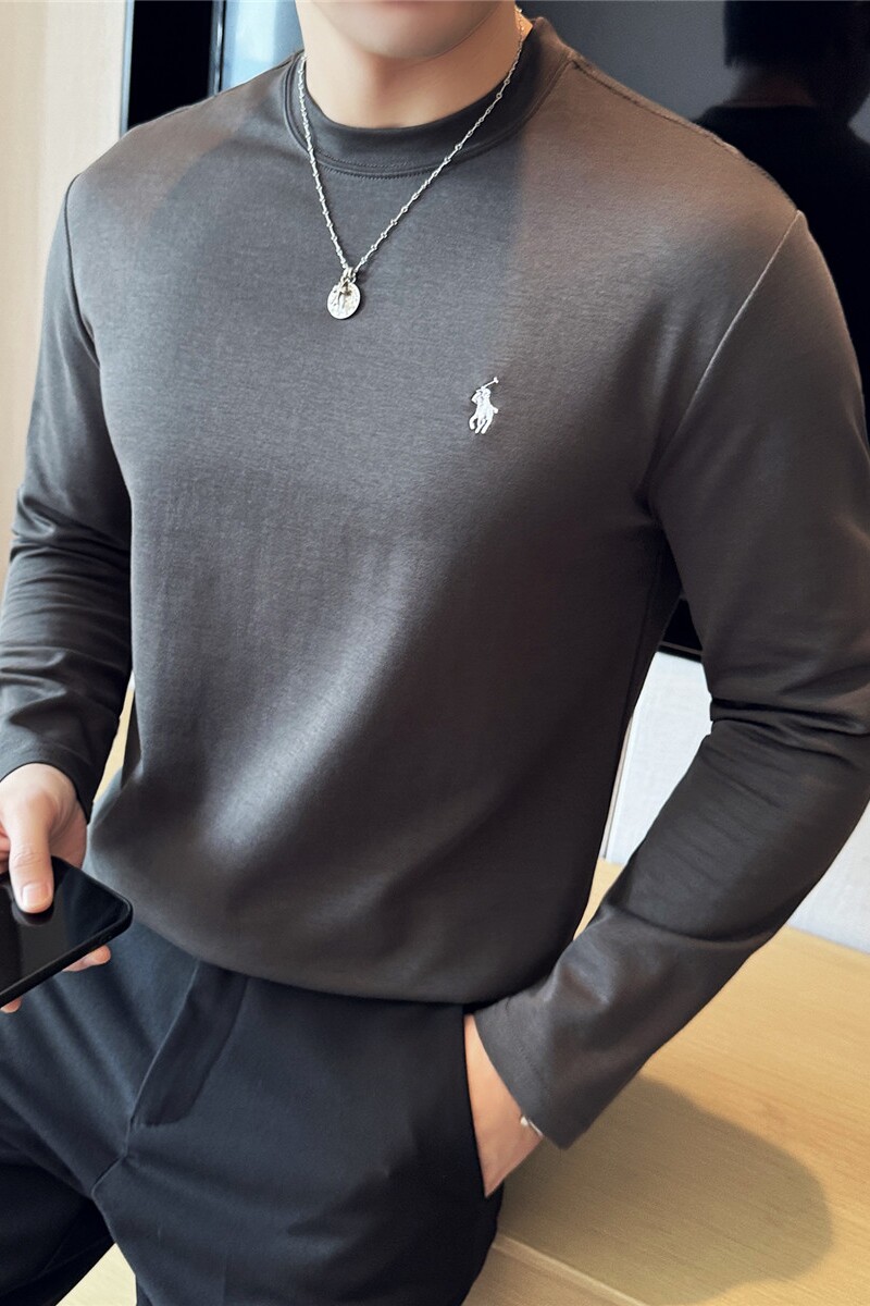 秋装高品质时尚刺绣圆领打底长袖t恤修身款深灰色TF102-P57，男装T恤，电商A213