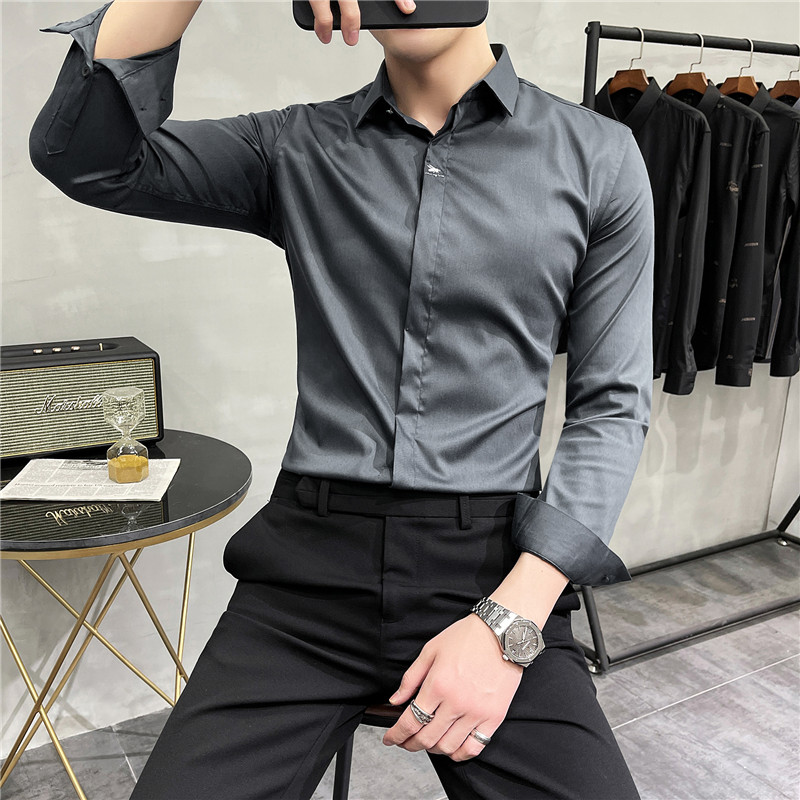 长期做男士刺绣长袖衬衫暗门襟暗扣衬衣修身浅蓝色C2022/P63,男装衬衫,电商A213