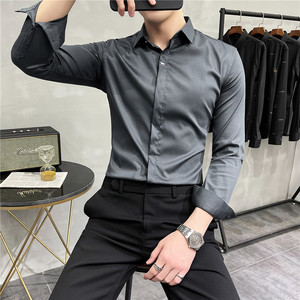 长期做 男士刺绣长袖衬衫暗门襟暗扣衬衣修身浅蓝色C2022/P63图片