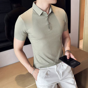 新增豆绿色~暗条纹高弹冰丝翻领无痕T恤男士短袖POLO衫PL06-P60图片
