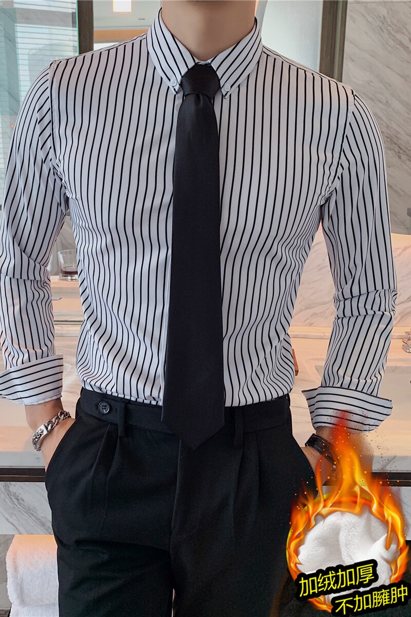 冬季加厚加绒条纹衬衫男士长袖条子衬衫西装打底修身白色JR17-P60,男装T恤,电商A213