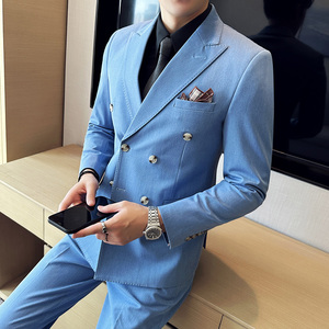 高品质西服戗驳领双排扣纯色西装三件套男蓝色SJT8016-P275图片
